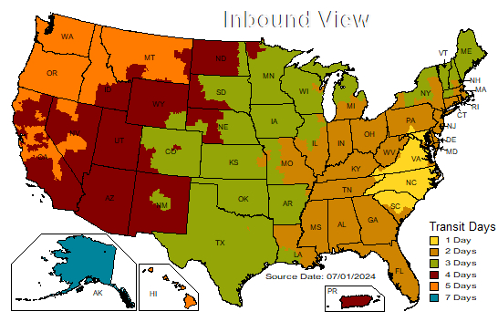 UPS U.S. Ground Map sample, inbound view