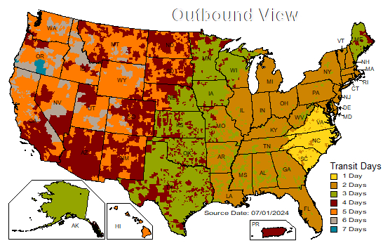 UPS U.S. Ground Map sample, outbound view